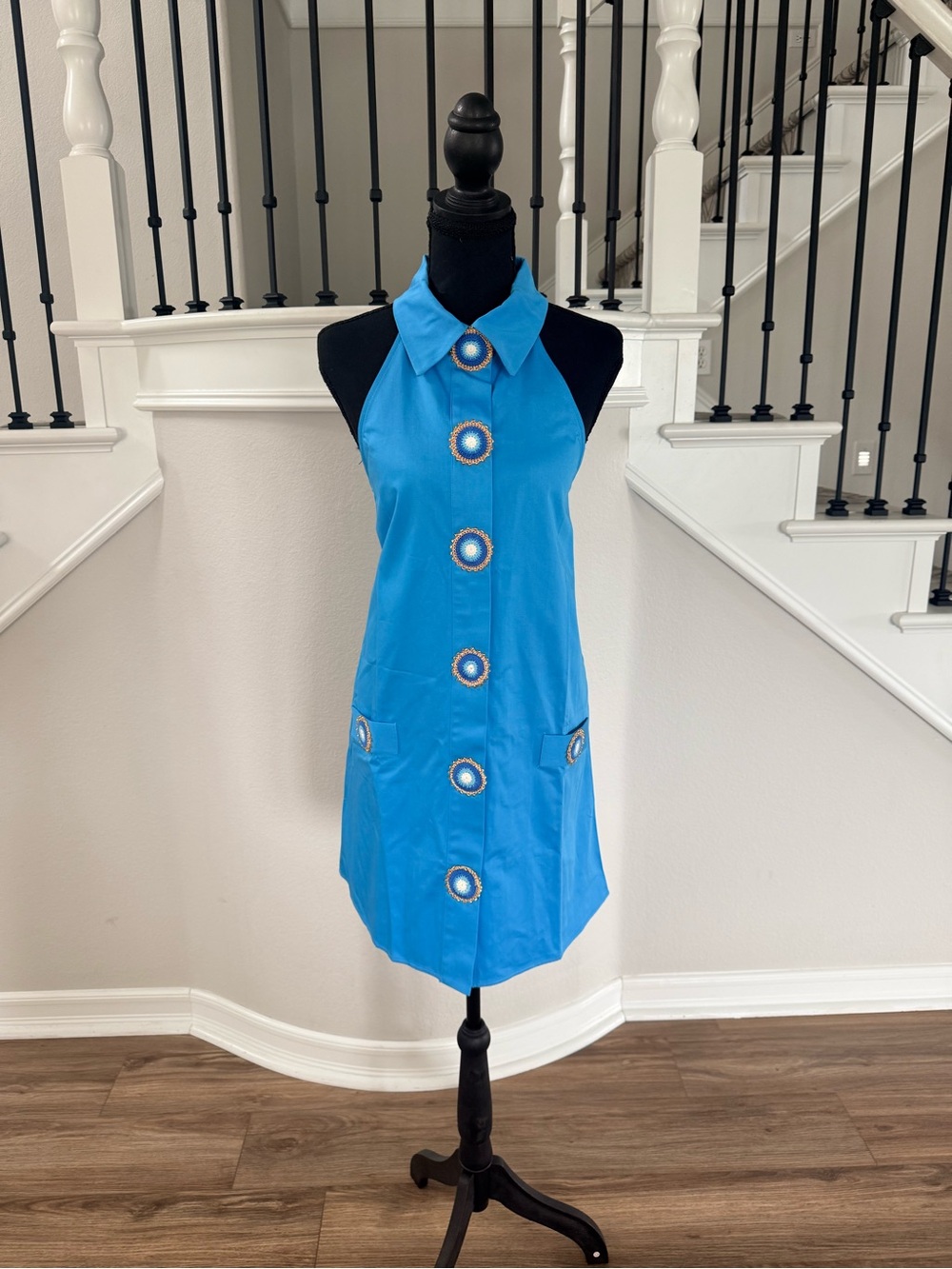 🦋NWT My Beachy Side Blue Crochet Button Mini Shift Dress Large🦋